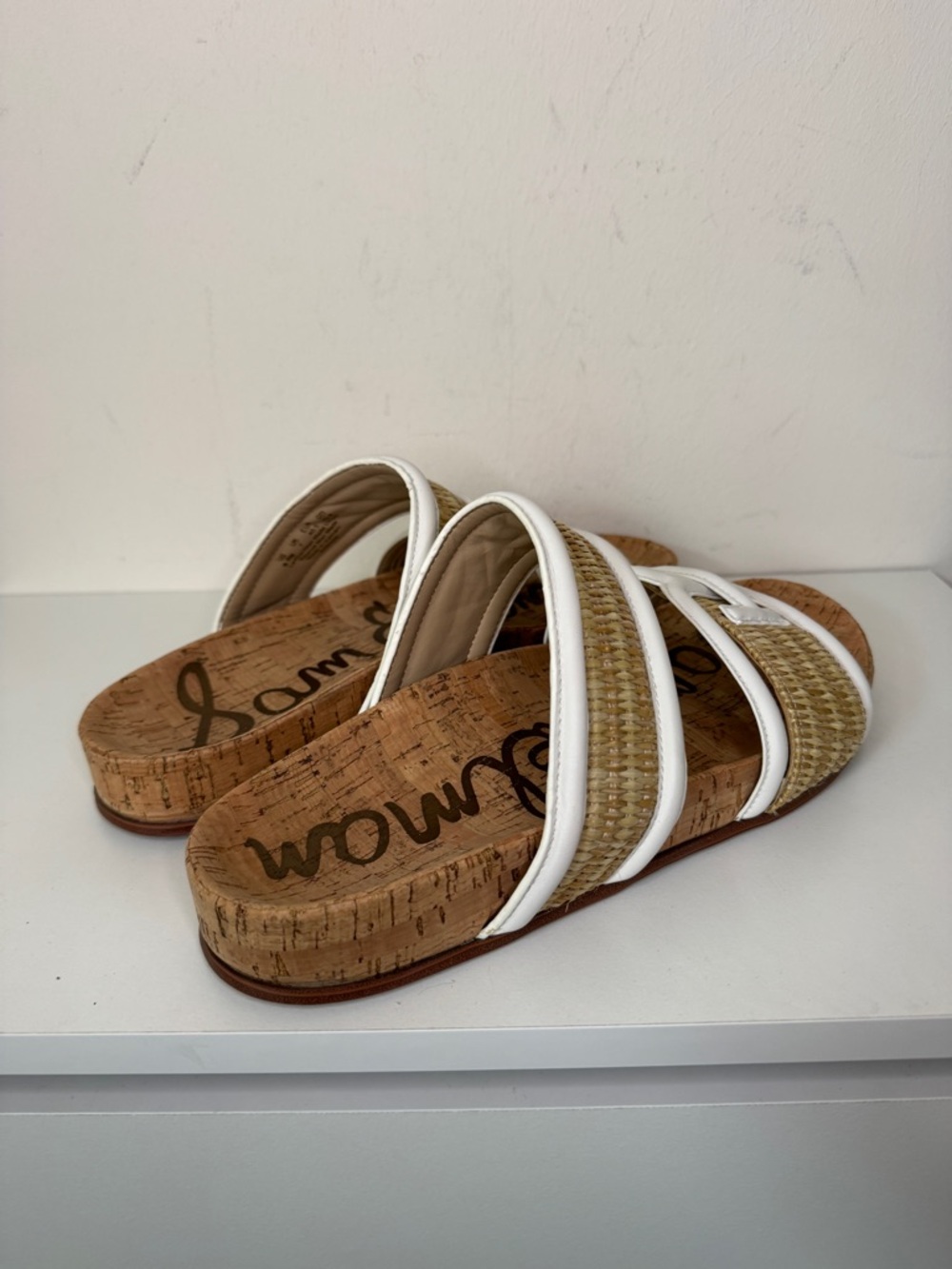 Sam Edelman White Natural Raffia Cork Slide Sandals Womens Summer Resort - Picture 6 of 11